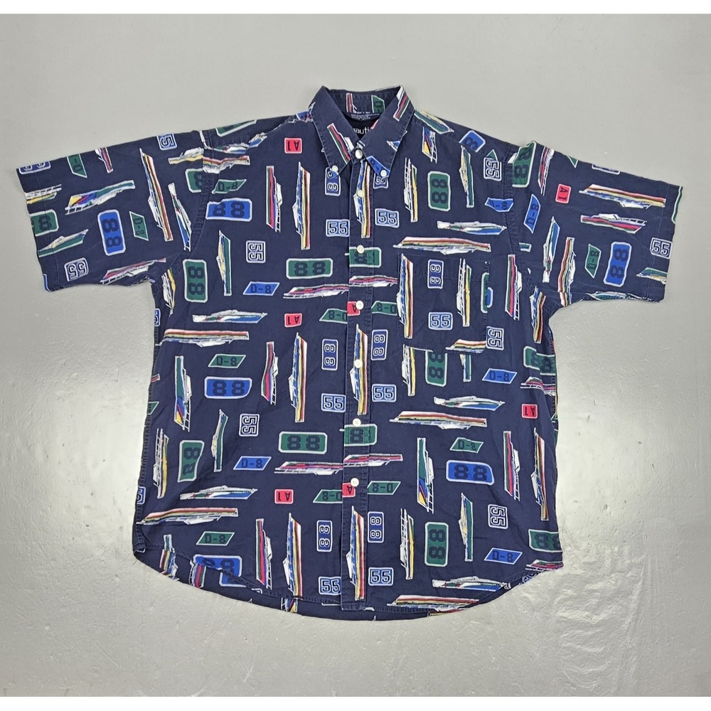 Vintage Nautica Button Up Shirt Mens Large Blue‎ Nautical Boat AOP Print Preppy